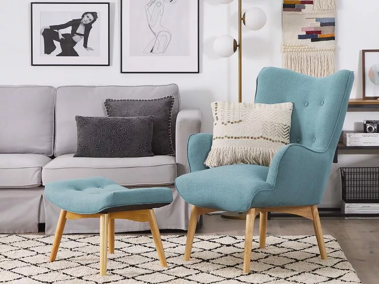 Beliani Sillón Tapizado Con Reposapiés En Azul VEJLE - Imagen 2
