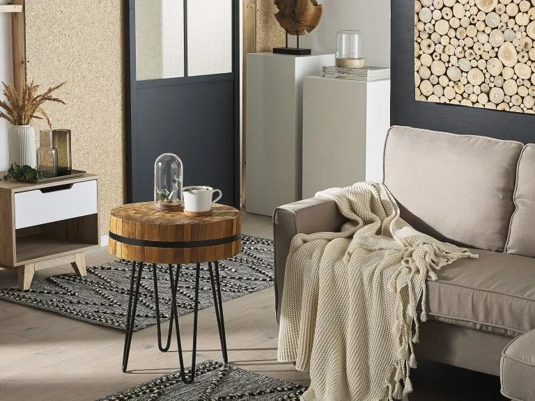 Beliani Mesa Auxiliar De Madera De Teca Clara/negro ⌀ 45 Cm TAKU - Imagen 2