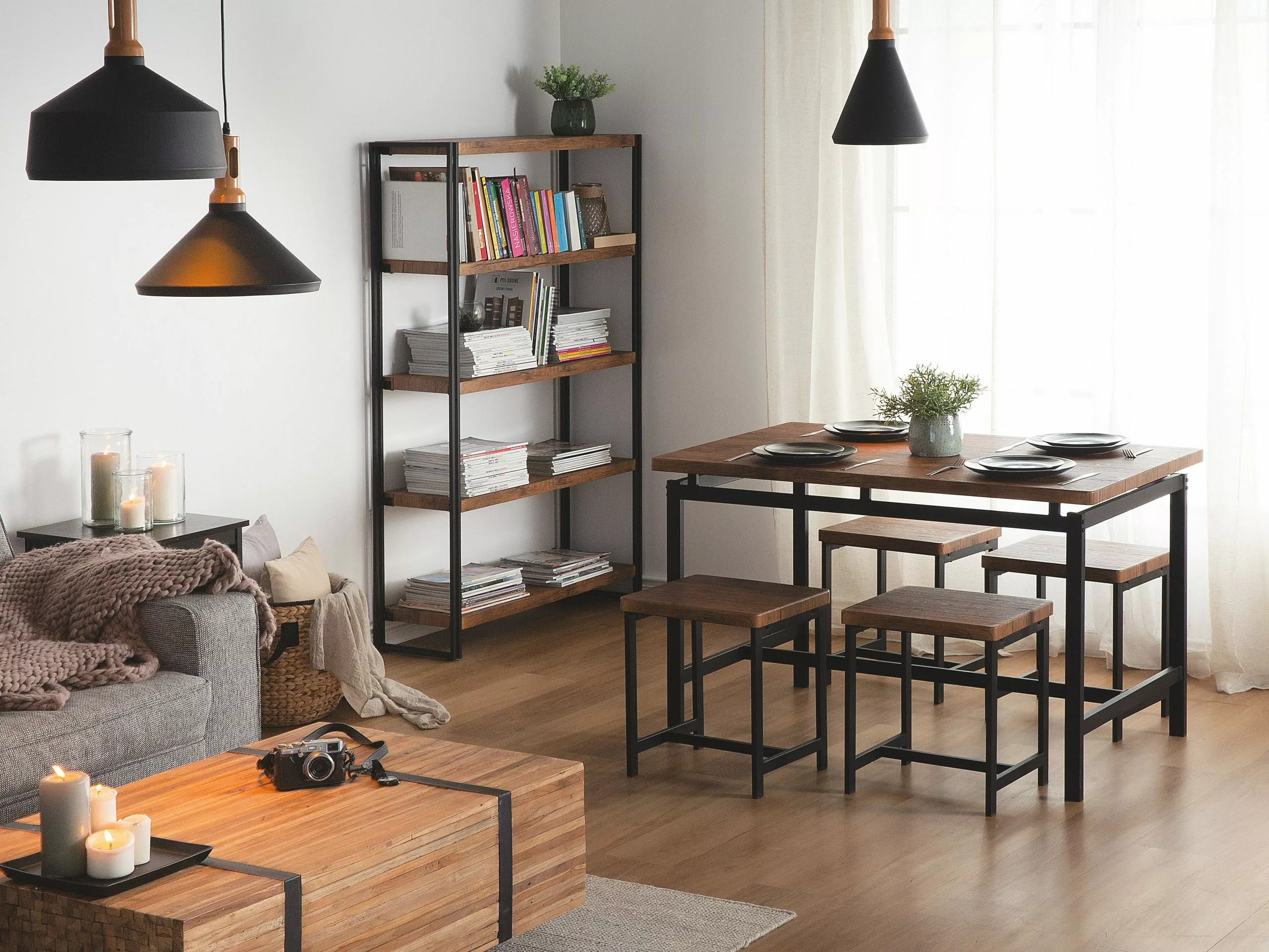 Beliani Conjunto De Comedor 4 Plazas Negro/madera Oscura ARLINGTON - Imagen 2