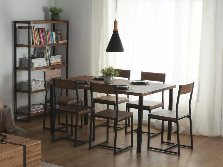 Beliani Conjunto De Comedor 6 Plazas Negro/madera Oscura LAREDO - Imagen 2