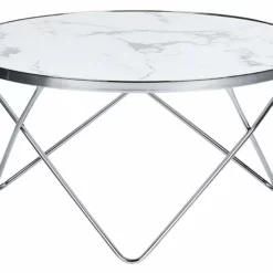 Beliani Mesa De Centro De Vidrio Templado Blanco/plateado ⌀ 80 Cm MERIDIAN II