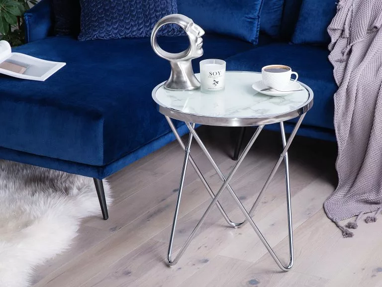 Beliani Mesa Auxiliar De Vidrio Templado Blanco/plateado ⌀ 50 Cm MERIDIAN II - Imagen 2