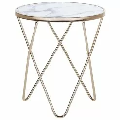 Beliani Mesa Auxiliar De Vidrio Templado Blanco/dorado ⌀ 50 Cm MERIDIAN II