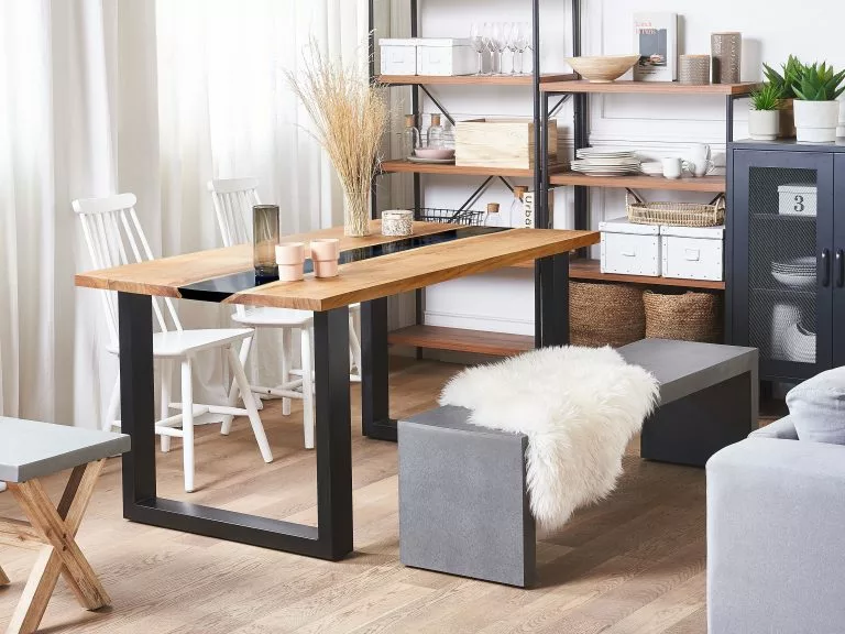 Beliani Mesa De Comedor De Metal/madera De Acacia Clara/negro/azul 160 X 90 Cm RIVIERE - Imagen 3