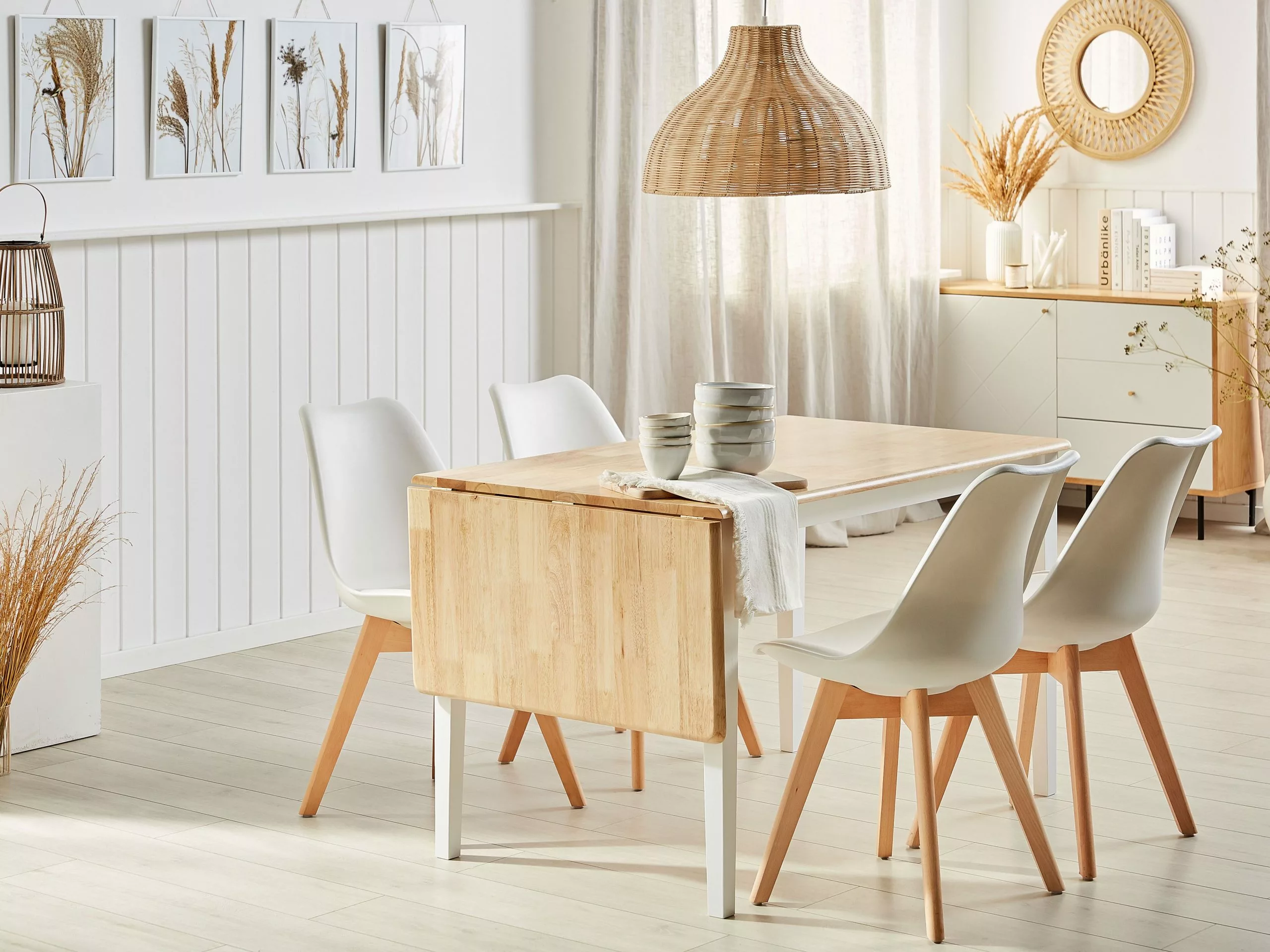 Beliani Mesa De Comedor Extensible De Madera De Caucho Clara/blanco 120/160 X 75 Cm LOUISIANA - Imagen 3