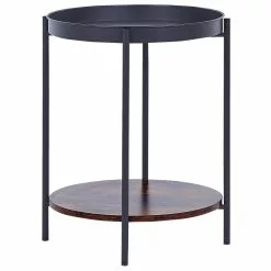 Beliani Mesa Auxiliar De Metal Negro/madera Oscura ⌀ 41 Cm BORDEN