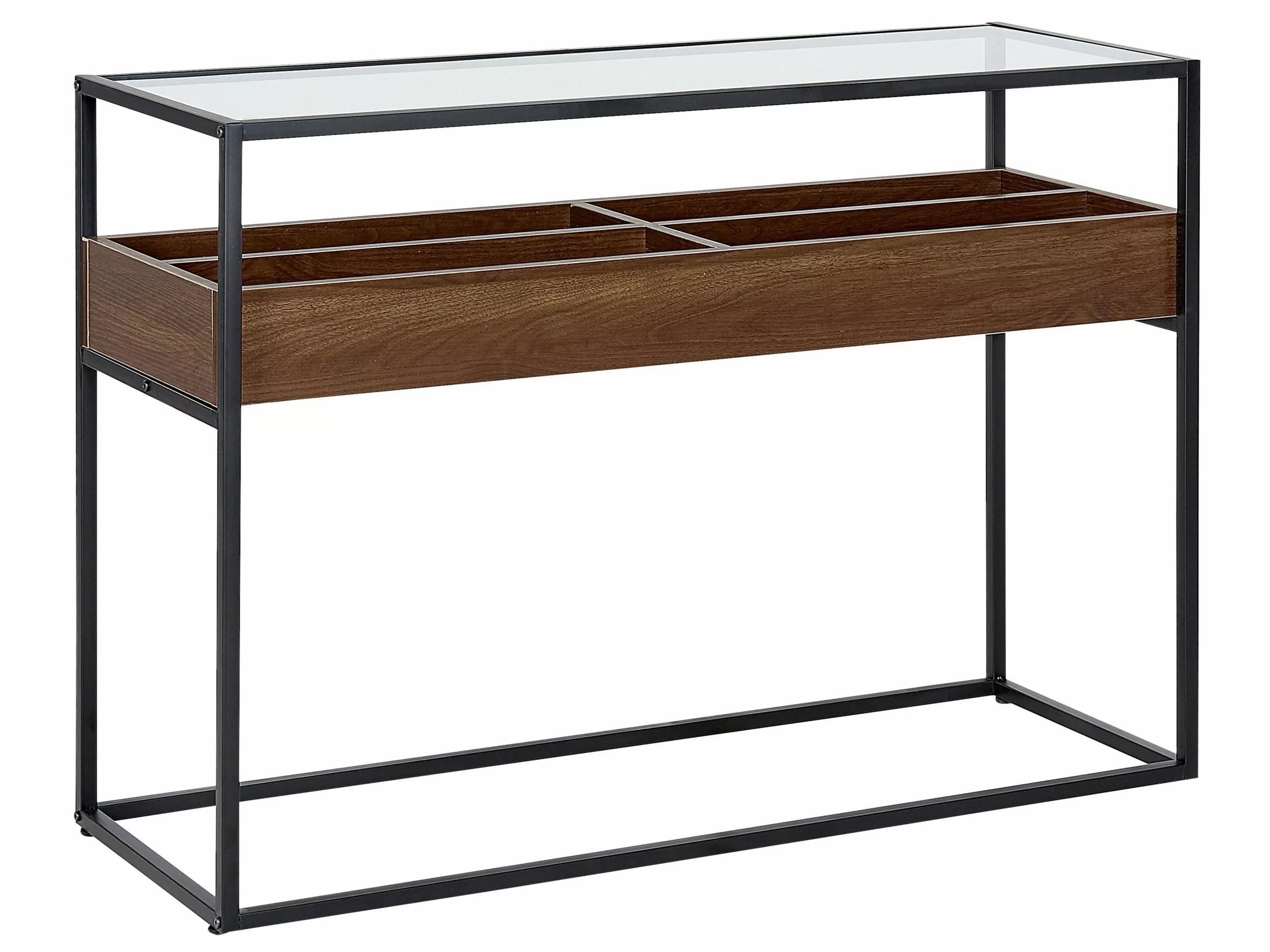 Beliani Consola De Vidrio Templado/metal Negro/madera Oscura 110 X 40 Cm WACO
